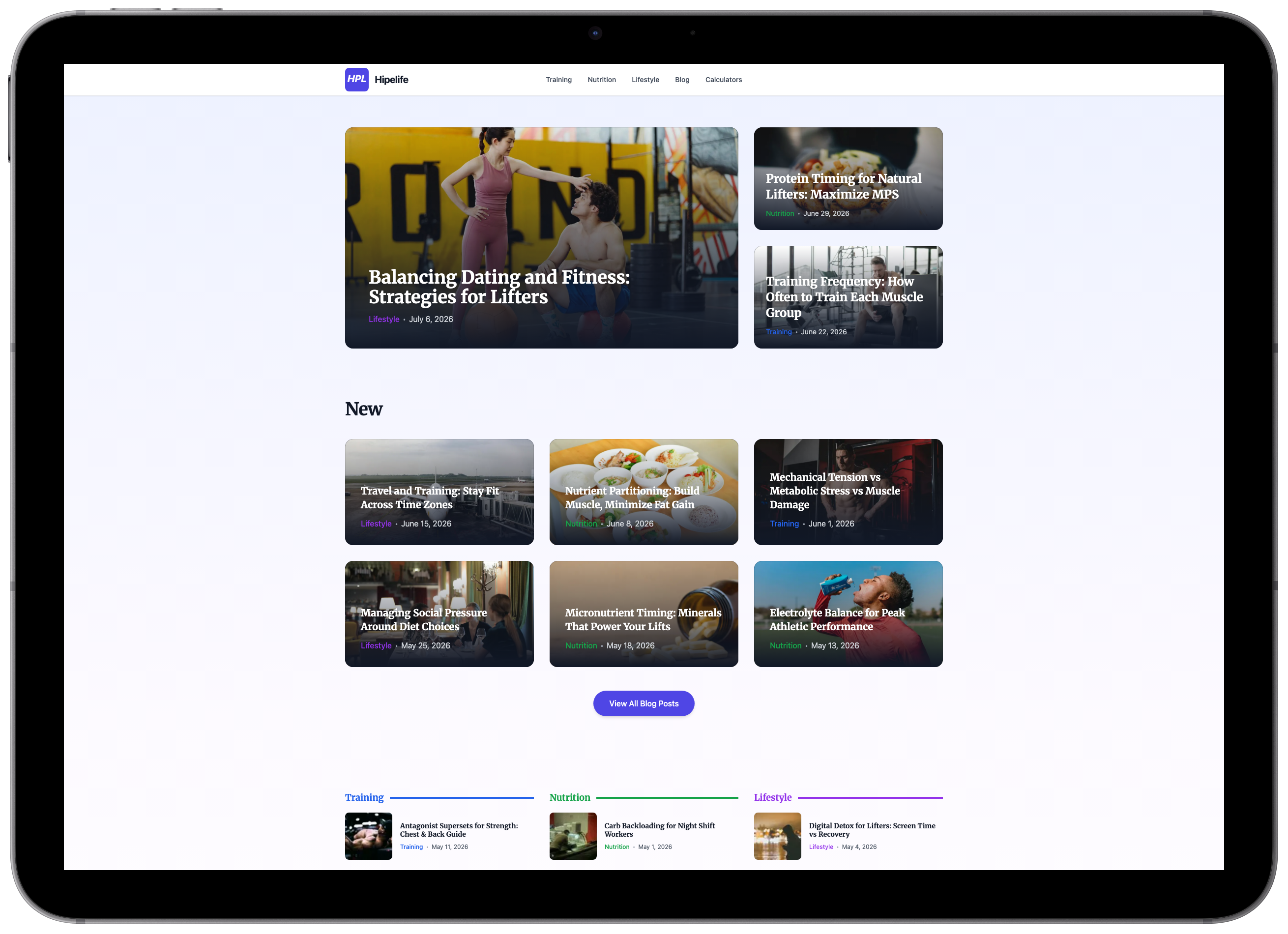 Hipelife website shown on an iPad with featured articles on training, nutrition, and lifestyle.